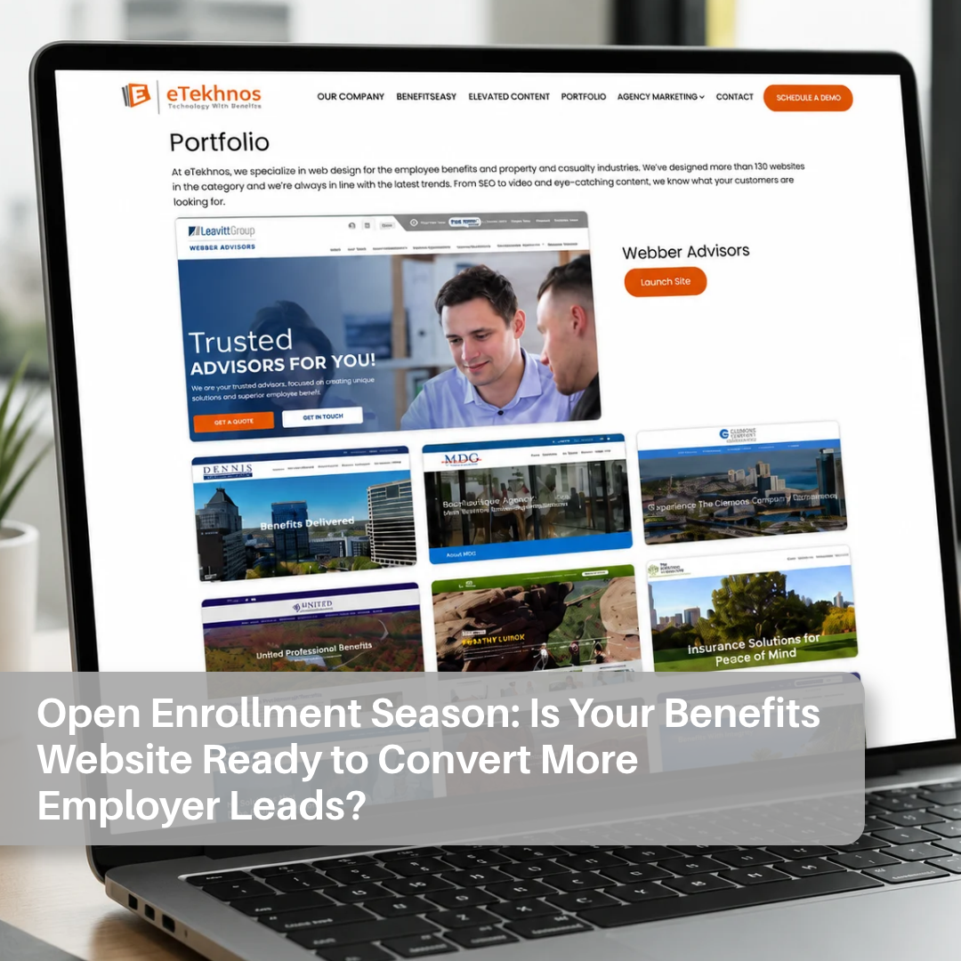 Modern benefits agency website layout and open enrollment lead generation dashboard on laptop mockup