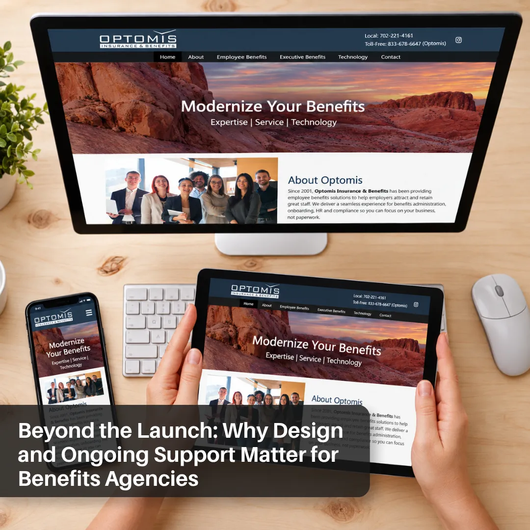 Employee benefits agency website displayed on a laptop and smartphone