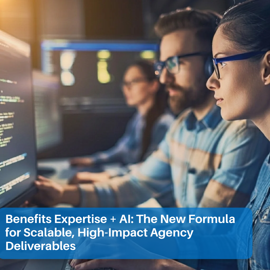 A focused professional technology and data team collaborating in front of computer screens, representing human expertise guiding AI implementations for scalable deliverables.